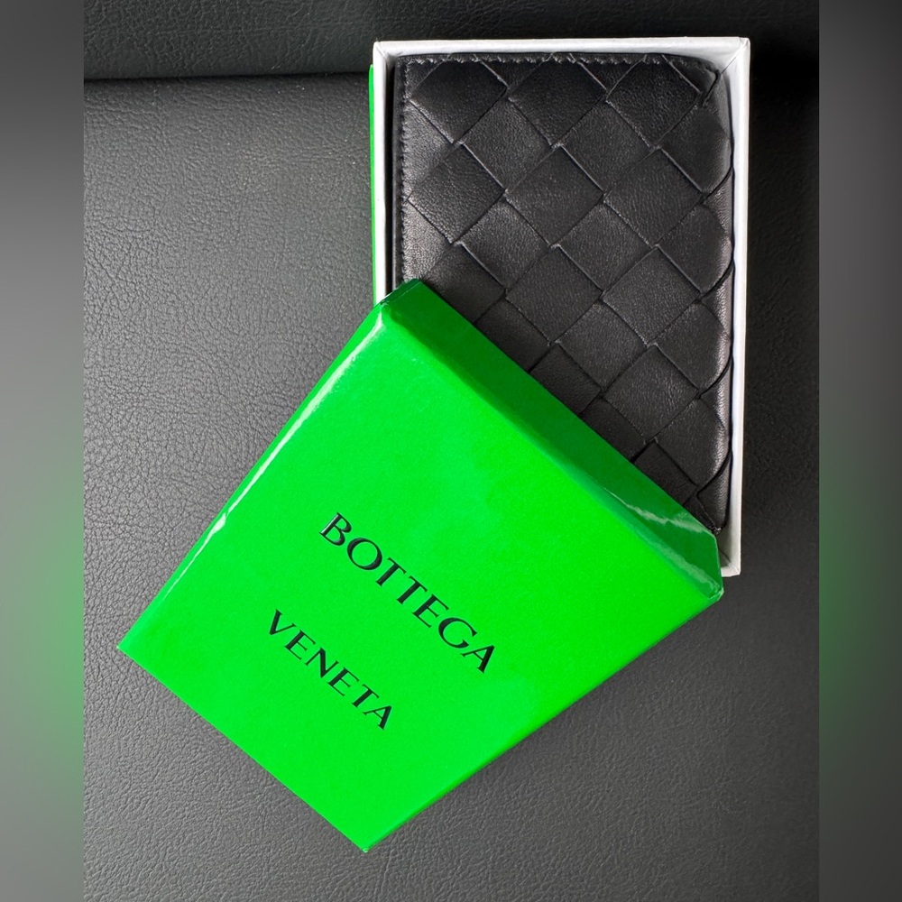 Bottega Veneta Woven Leather Snap Wallet, Black
